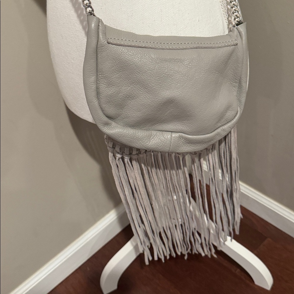 Zara gray leather crossbody mini flap bag with fringe and silver link chain - Picture 4 of 9